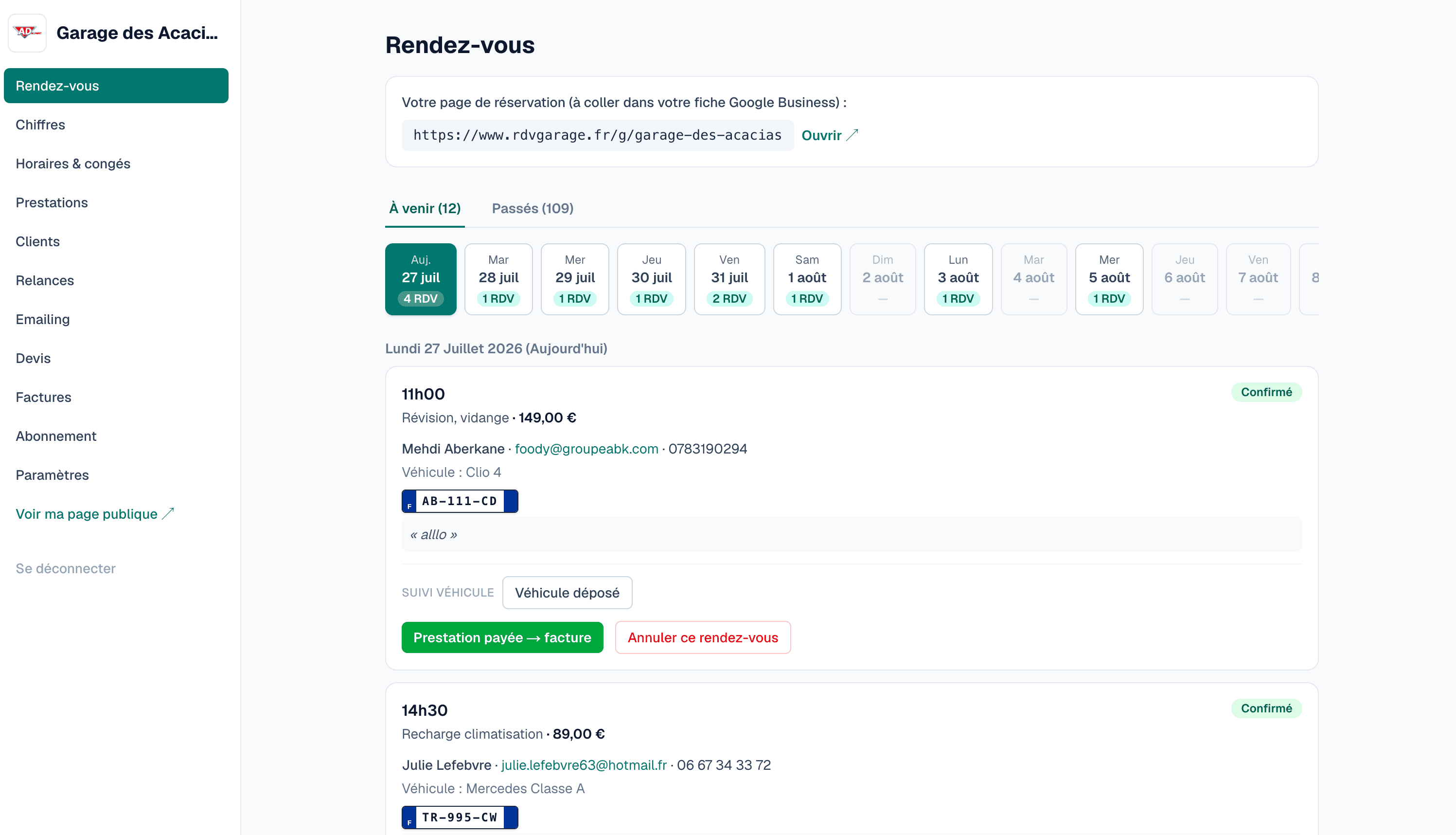 Aperçu de RdvGarage — devis et factures
